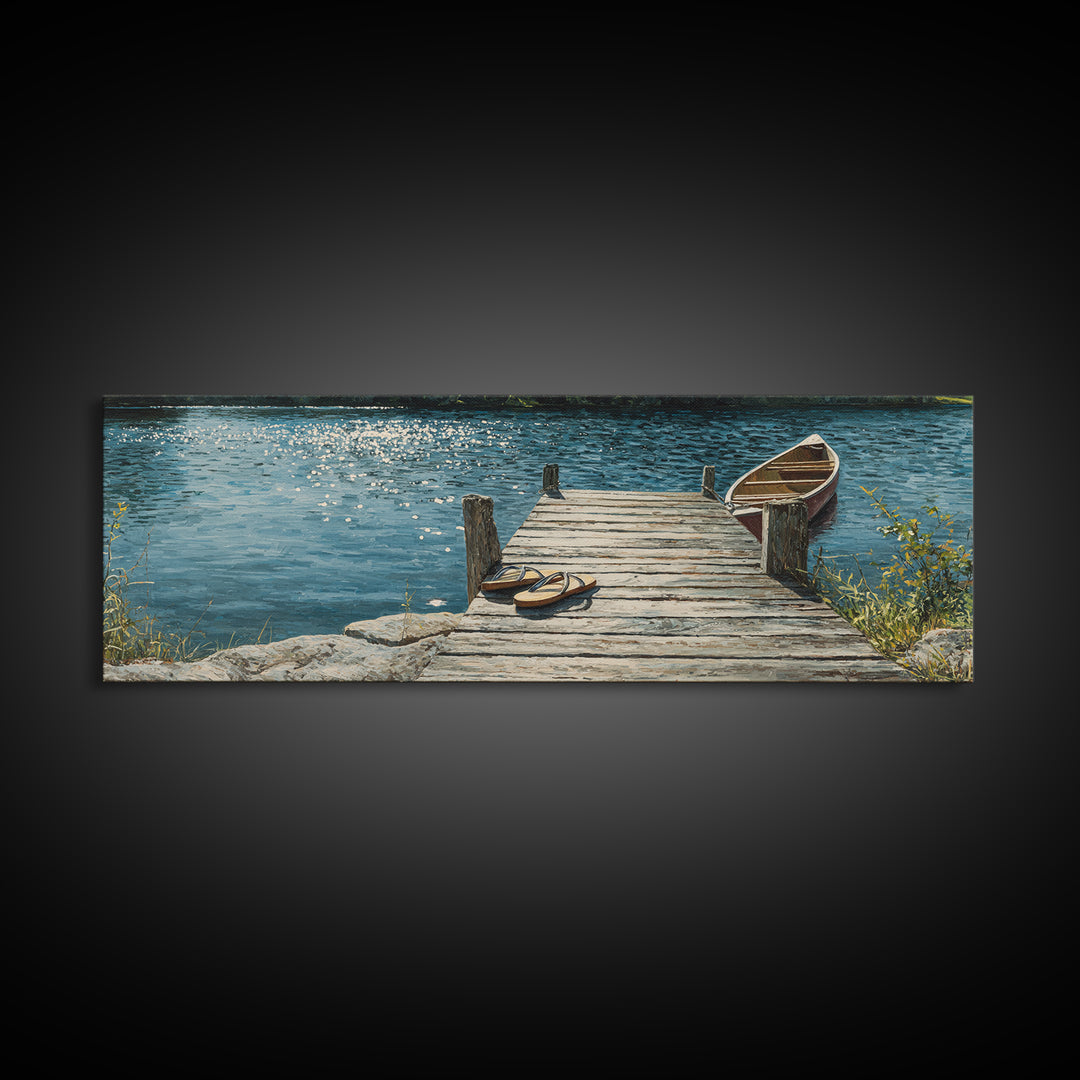 Rustic Lakeside Dock With Flip Flops Oil Painting Wall Art Framed Canvas Print Featuring Serene Water Scene And Cozy Summer Vibes