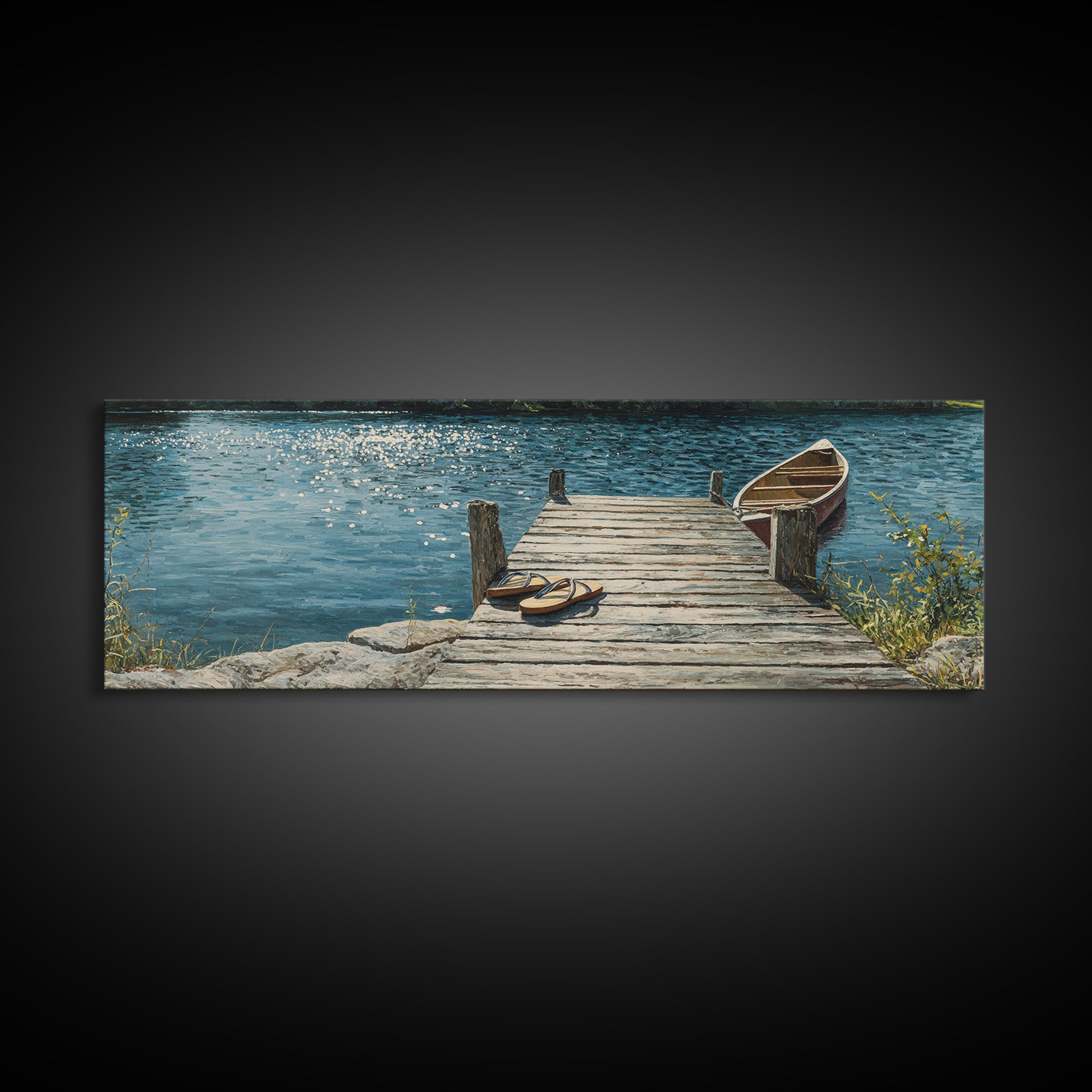 Rustic Lakeside Dock With Flip Flops Oil Painting Wall Art Framed Canvas Print Featuring Serene Water Scene And Cozy Summer Vibes