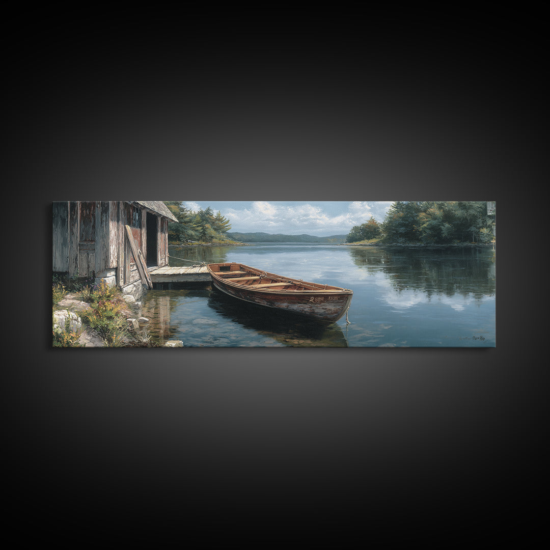 Tranquil Lakeside Rowboat Calm Water Reflection Painting - Serene Nature Wall Art Framed Canvas Print For Rustic Home Decor