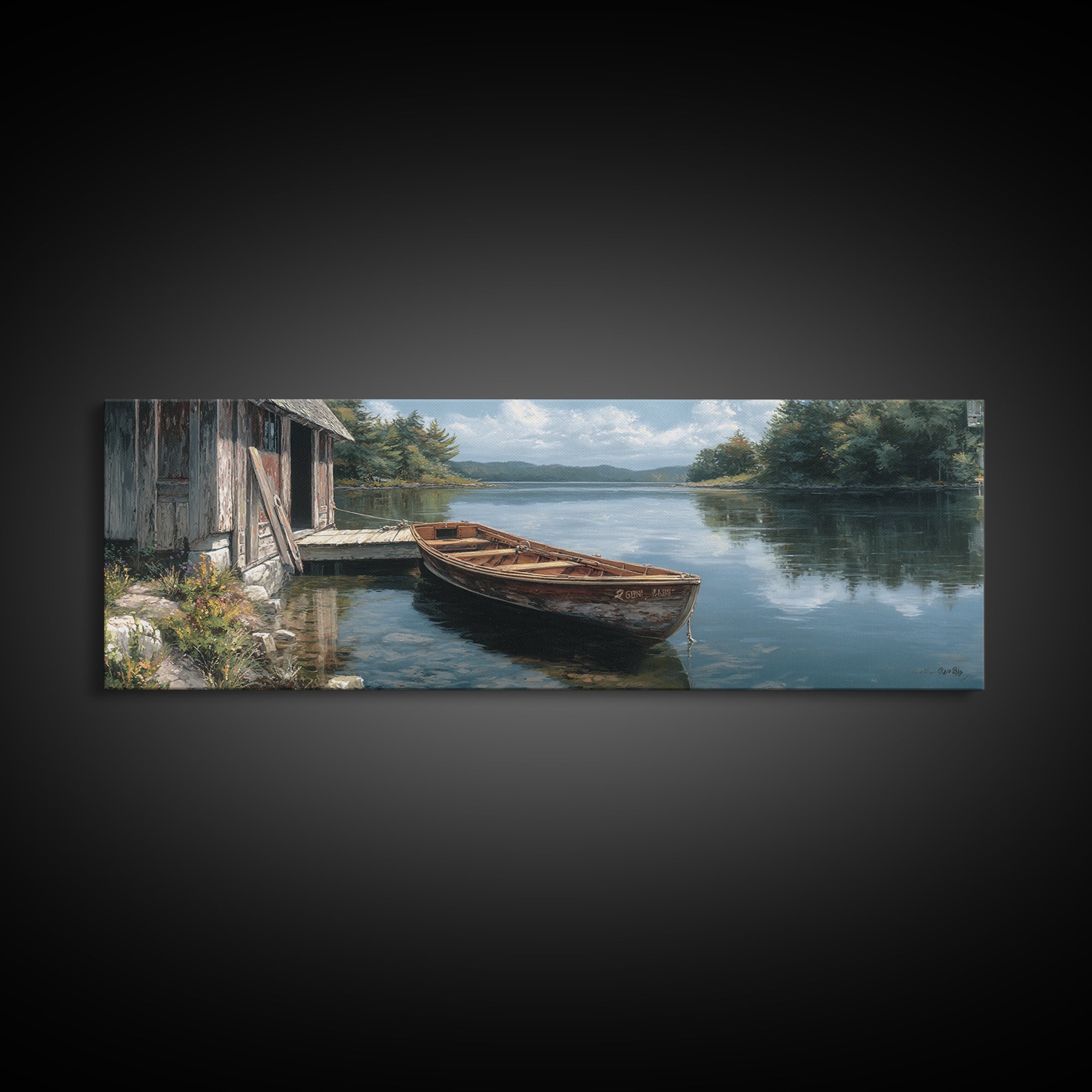 Tranquil Lakeside Rowboat Calm Water Reflection Painting - Serene Nature Wall Art Framed Canvas Print For Rustic Home Decor