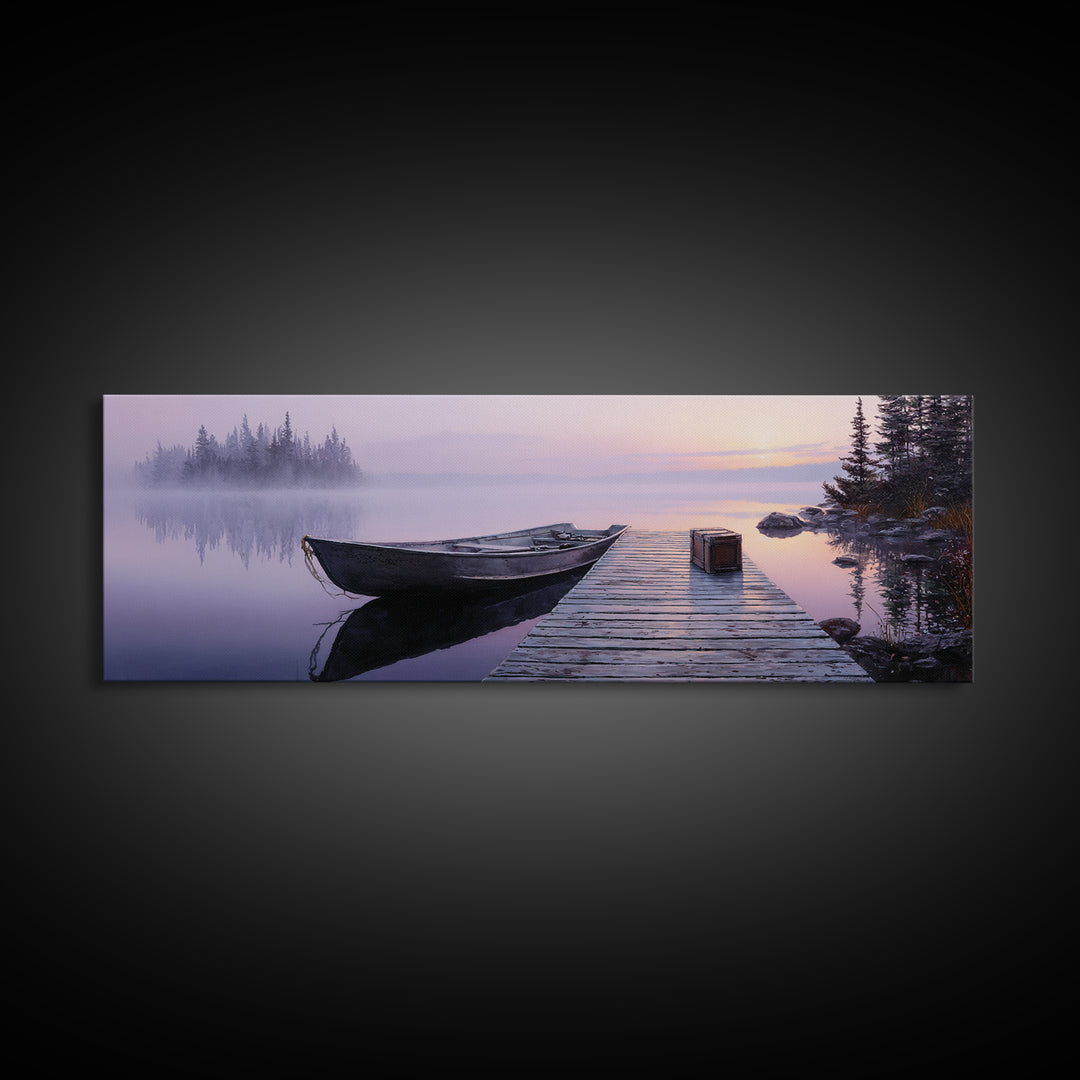 Peaceful Lake At Sunrise With Boat Scenic Landscape Painting Canvas Print For Rustic Home Decor And Large Wall Art