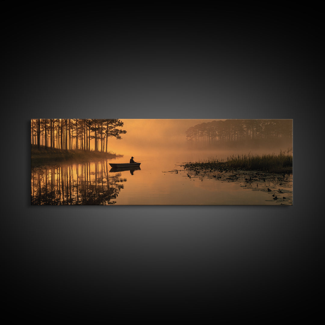 Peaceful Fisherman On Misty Lake At Sunrise Nature Wall Art Canvas Print For Tranquil Living Room Decor