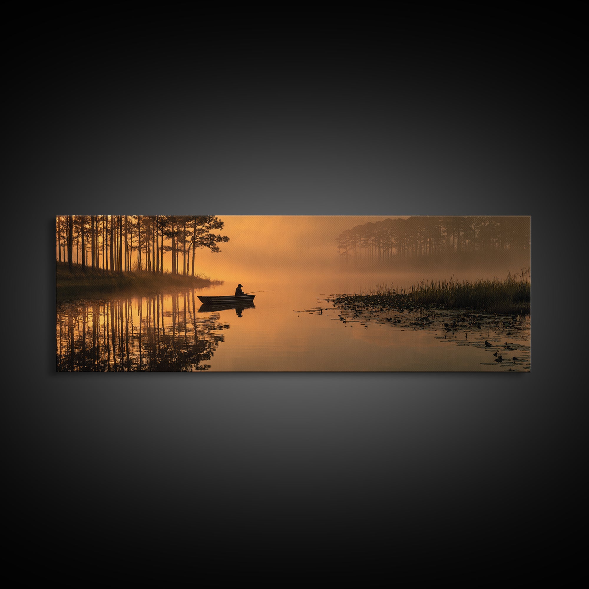 Peaceful Fisherman On Misty Lake At Sunrise Nature Wall Art Canvas Print For Tranquil Living Room Decor
