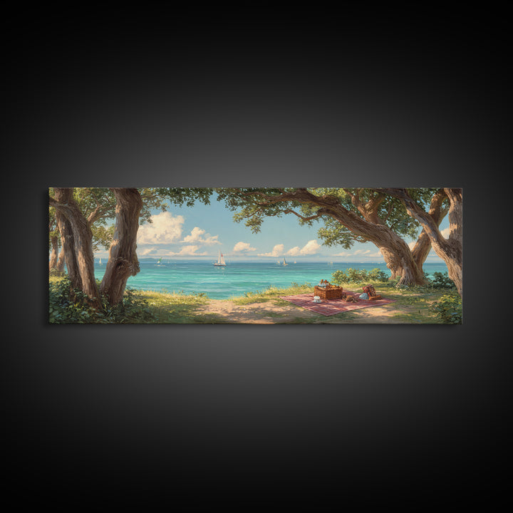 Coastal Picnic Scene With Tranquil Blue Ocean And Sailboats Under Trees - Serene Wall Art Framed Canvas Print For Home Decor