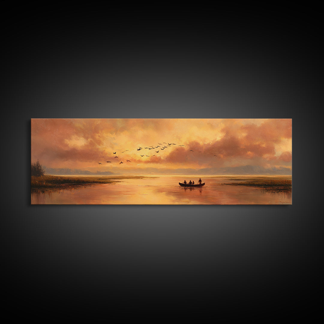 Majestic Canvas Print Featuring Golden Light Over Calm River With Silhouetted Boat Serene Landscape Art For Living Room Home Decor And Tranquil Spaces