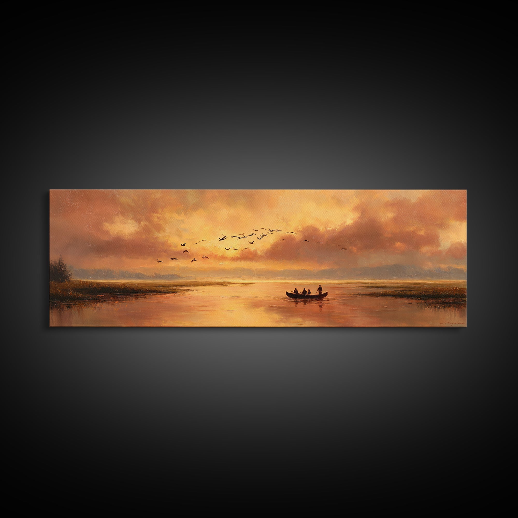 Majestic Canvas Print Featuring Golden Light Over Calm River With Silhouetted Boat Serene Landscape Art For Living Room Home Decor And Tranquil Spaces