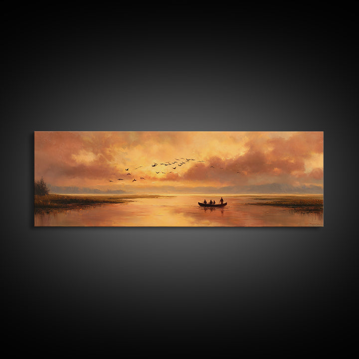 Majestic Canvas Print Featuring Golden Light Over Calm River With Silhouetted Boat Serene Landscape Art For Living Room Home Decor And Tranquil Spaces