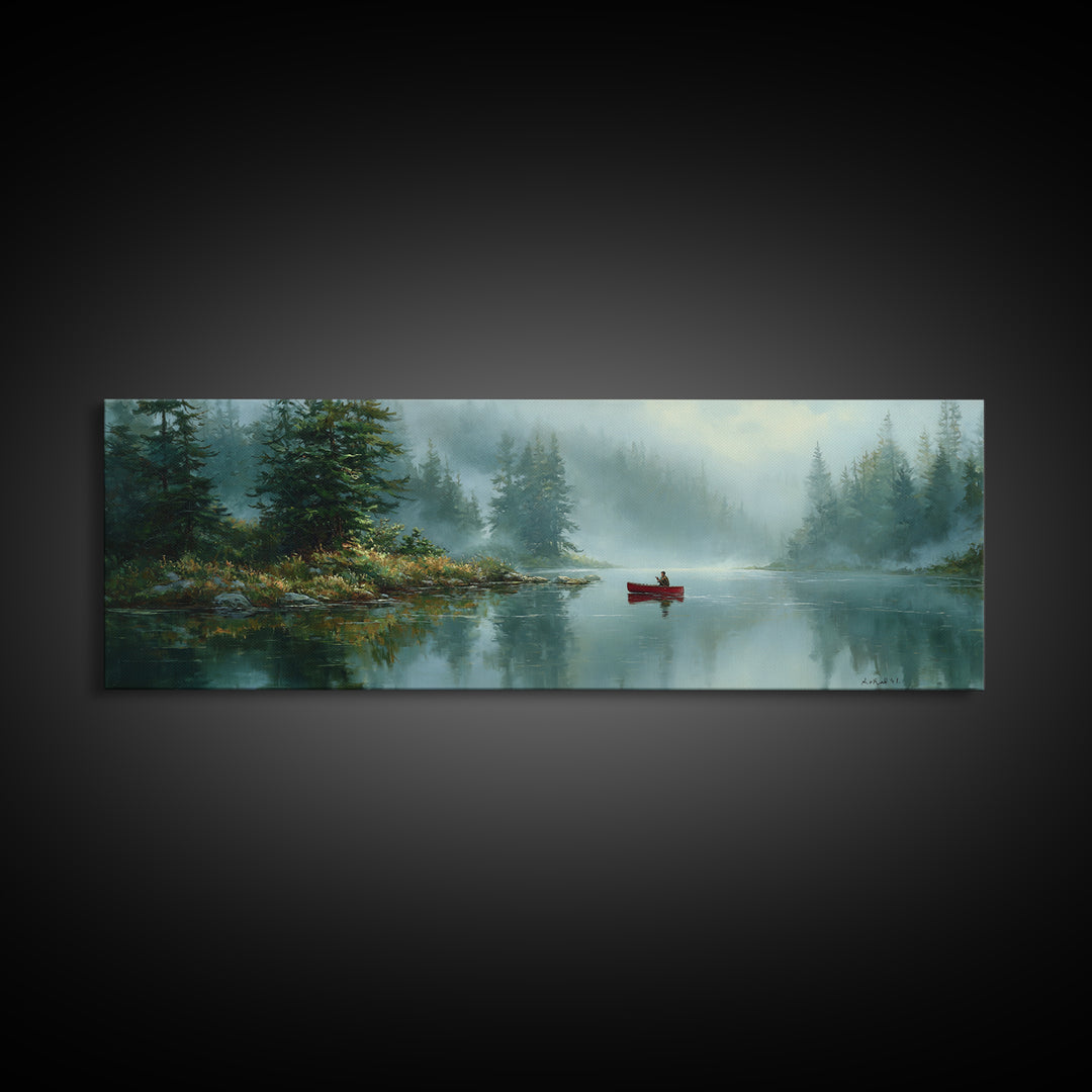 Peaceful Canoeist On Misty River Reflecting Mountain Landscape Wall Art Fine Art Canvas Print For Living Room