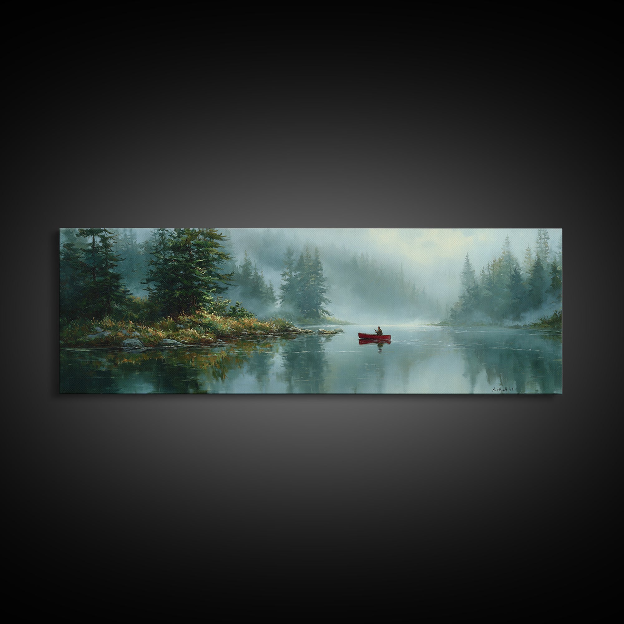 Peaceful Canoeist On Misty River Reflecting Mountain Landscape Wall Art Fine Art Canvas Print For Living Room