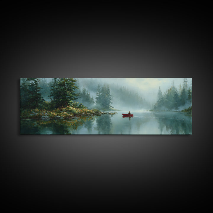 Peaceful Canoeist On Misty River Reflecting Mountain Landscape Wall Art Fine Art Canvas Print For Living Room