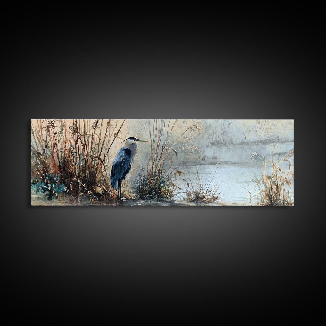 Detailed Watercolor Painting Of Heron By Misty Lakeside Capturing Serene Nature Wall Art Print