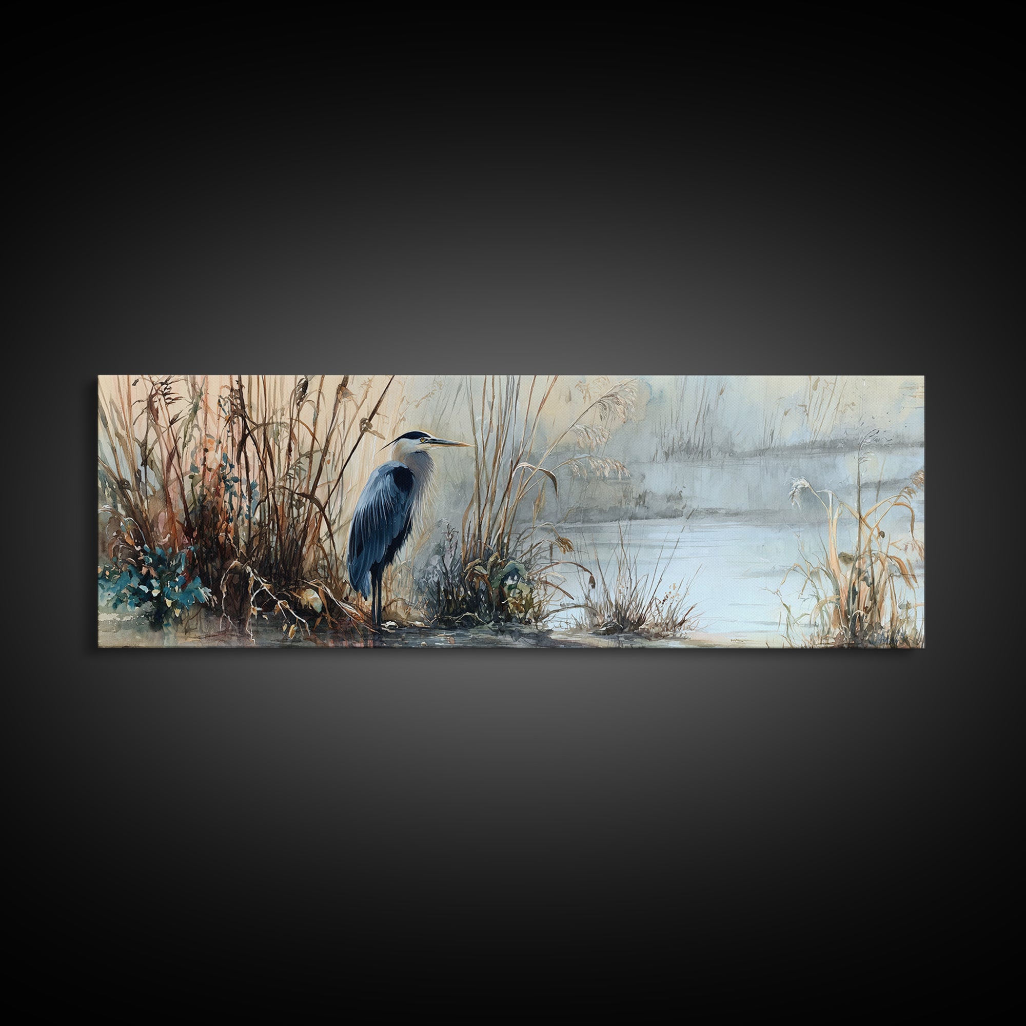 Detailed Watercolor Painting Of Heron By Misty Lakeside Capturing Serene Nature Wall Art Print