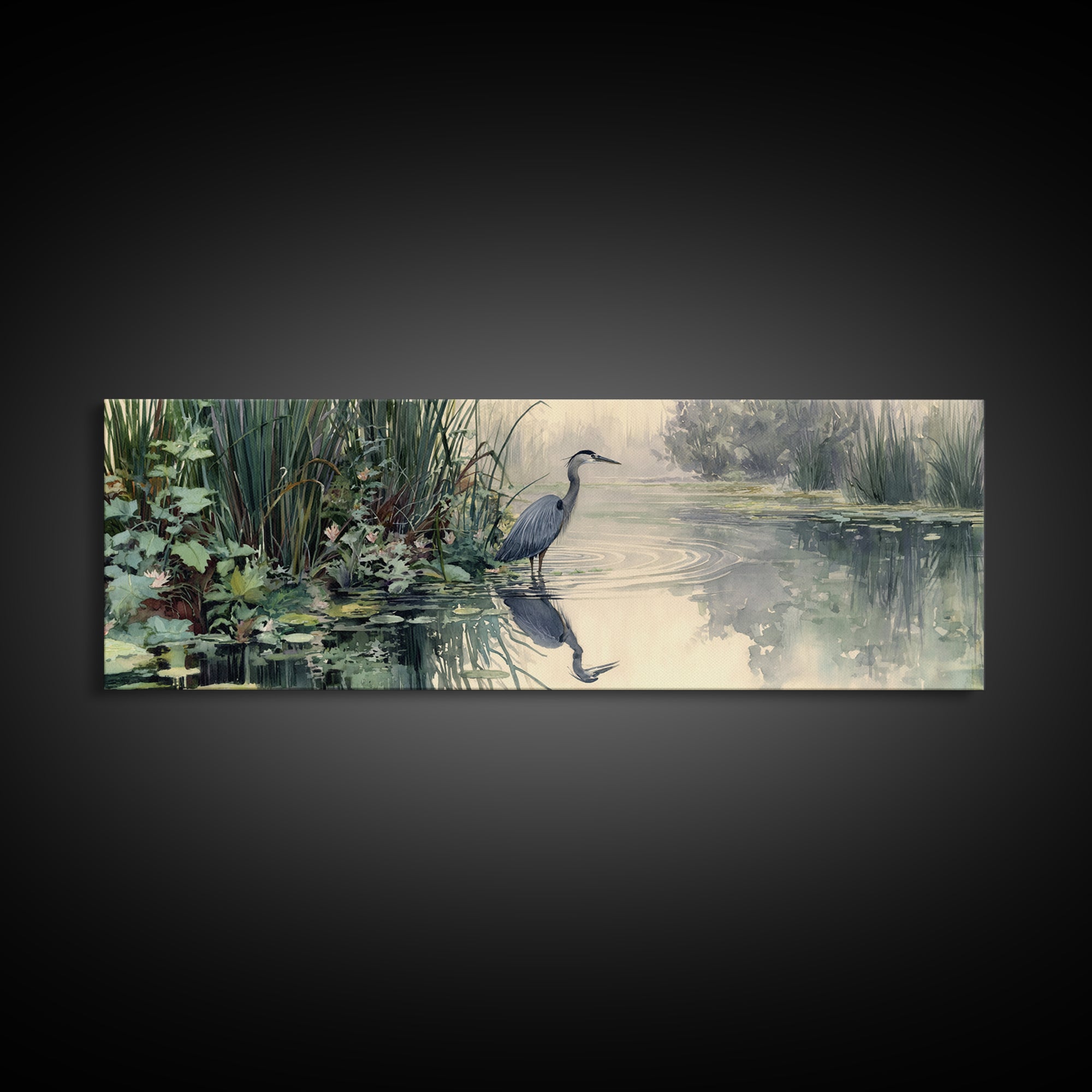Serene Watercolor Painting Of Heron Standing In Misty Wetlands Surrounded By Lush Vegetation Wall Art