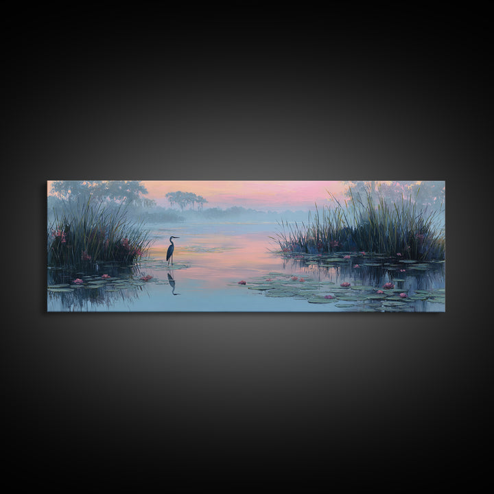 Tranquil Wetland Scene With Heron Standing Among Lilies At Sunrise Wall Art Canvas Print For Bedroom Decor