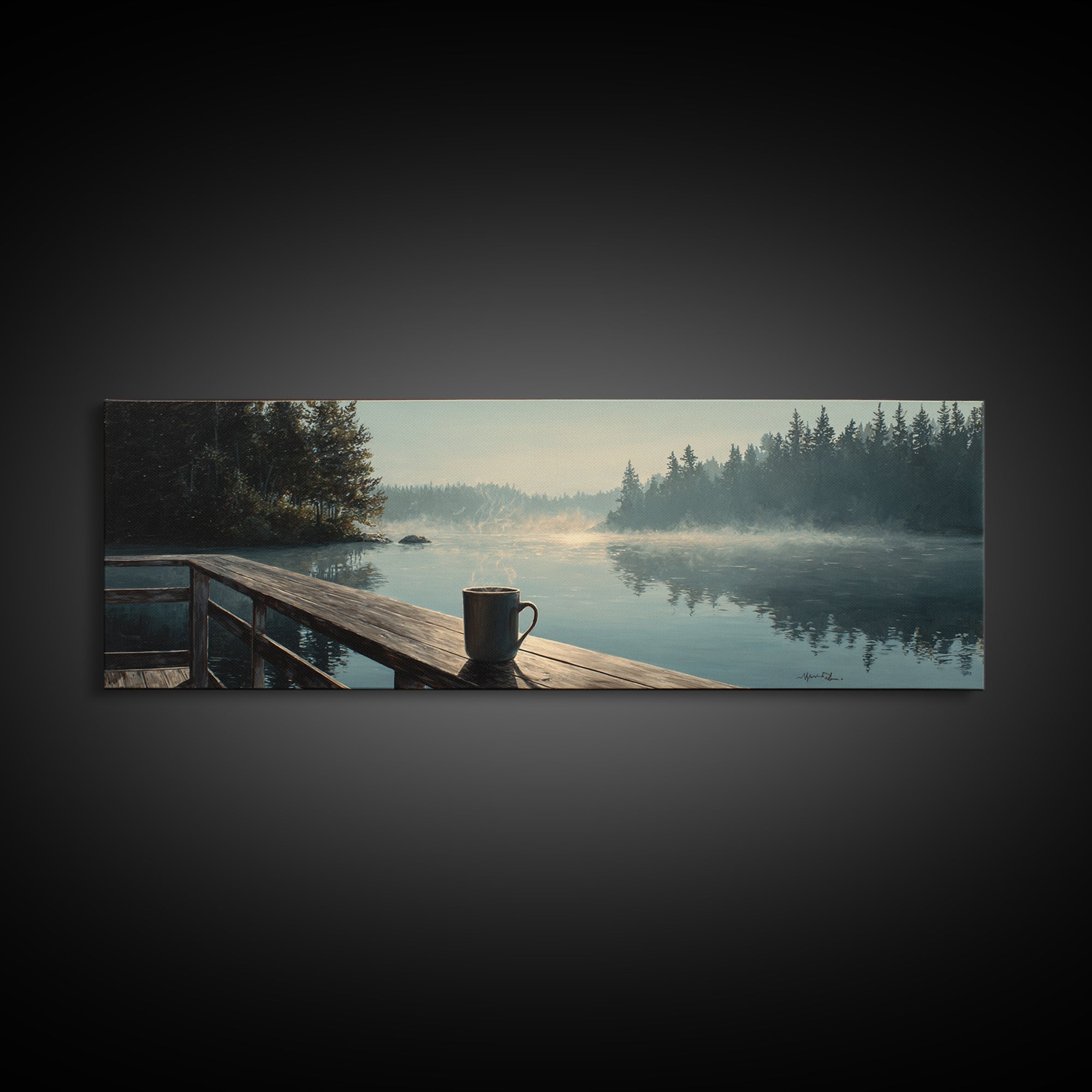 Calm Morning Lake View With Pier And Rising Mist Landscape Painting Wall Art Canvas Print Large Decor For Rustic Home And Cabin