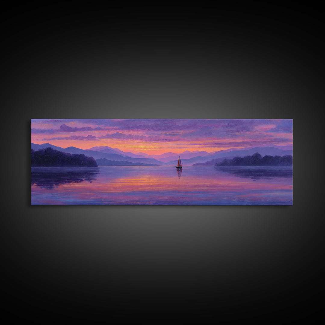 Serene Sunset Lake Landscape With Sailboat And Purple Mountains Painting Wall Art Framed Canvas Print For Tranquil Living Room Decor And Nature Lovers