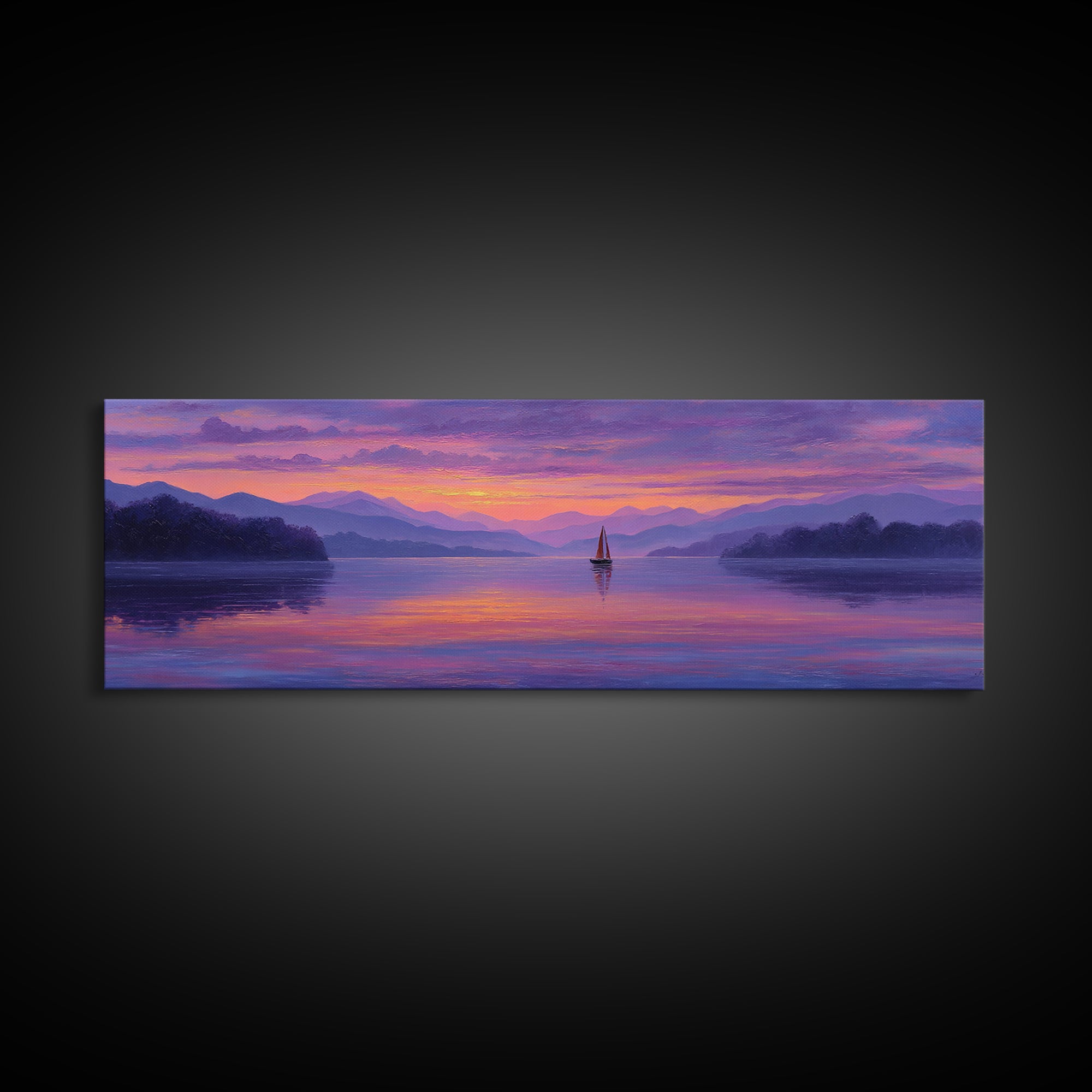 Serene Sunset Lake Landscape With Sailboat And Purple Mountains Painting Wall Art Framed Canvas Print For Tranquil Living Room Decor And Nature Lovers