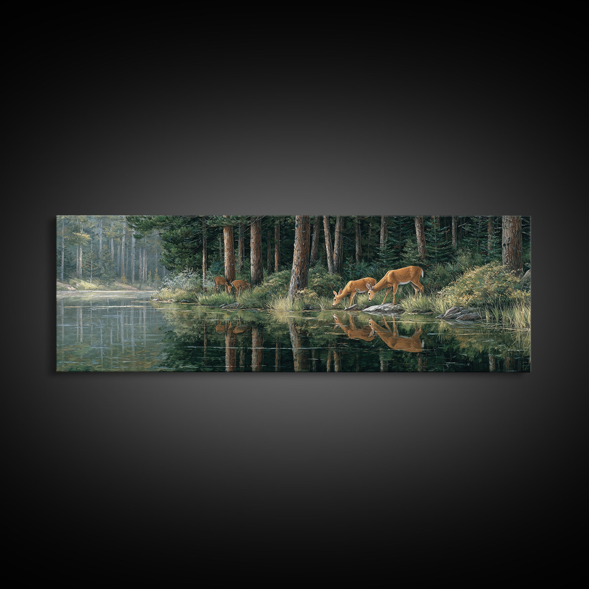 Peaceful Forest Scene With Deer Drinking By The Stream Reflective Nature Wall Art For Living Room Decor Framed Canvas Print