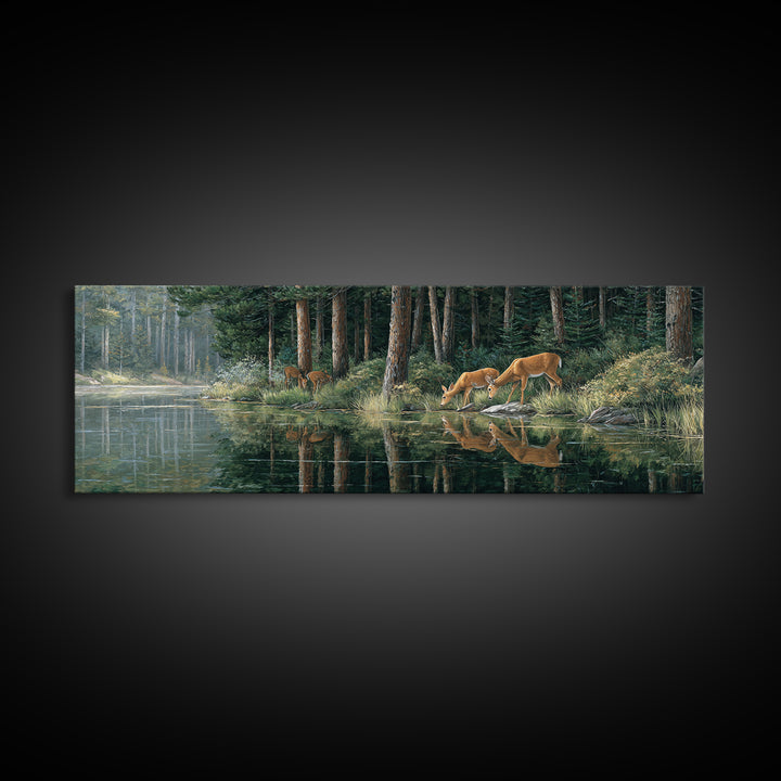 Peaceful Forest Scene With Deer Drinking By The Stream Reflective Nature Wall Art For Living Room Decor Framed Canvas Print