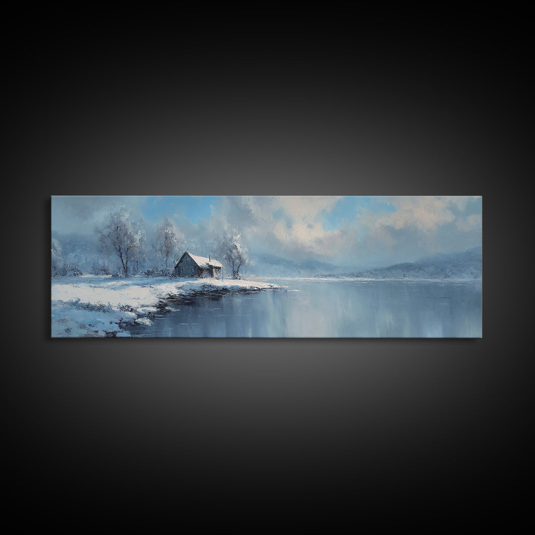 Peaceful Winter Lake Landscape With Snow Covered Cabin Painting Canvas Print Large Wall Art For Cozy Home Decor