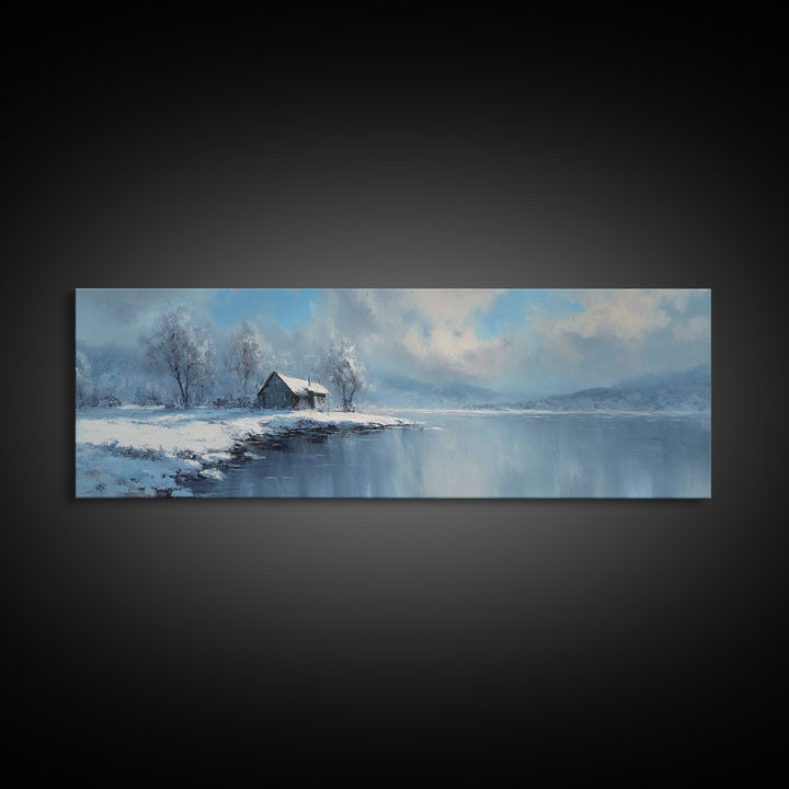 Peaceful Winter Lake Landscape With Snow Covered Cabin Painting Canvas Print Large Wall Art For Cozy Home Decor
