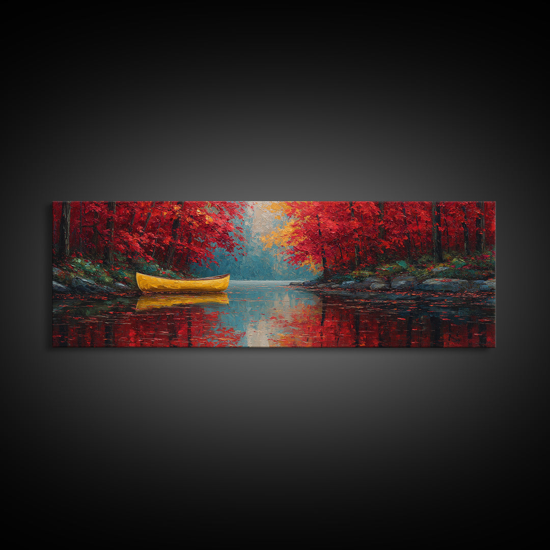 Vibrant Yellow Canoe On Calm Lake With Autumn Red Trees Framed Canvas Print Rustic Fall Wall Art