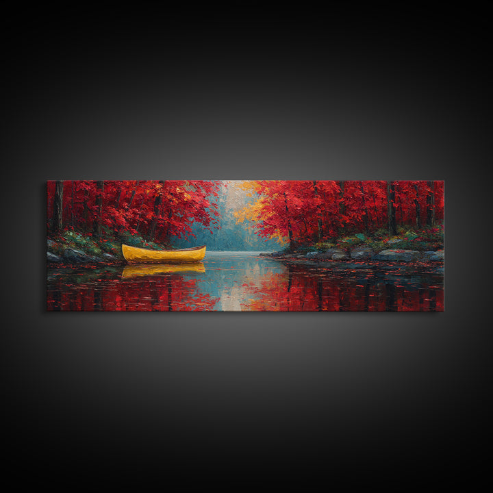 Vibrant Yellow Canoe On Calm Lake With Autumn Red Trees Framed Canvas Print Rustic Fall Wall Art
