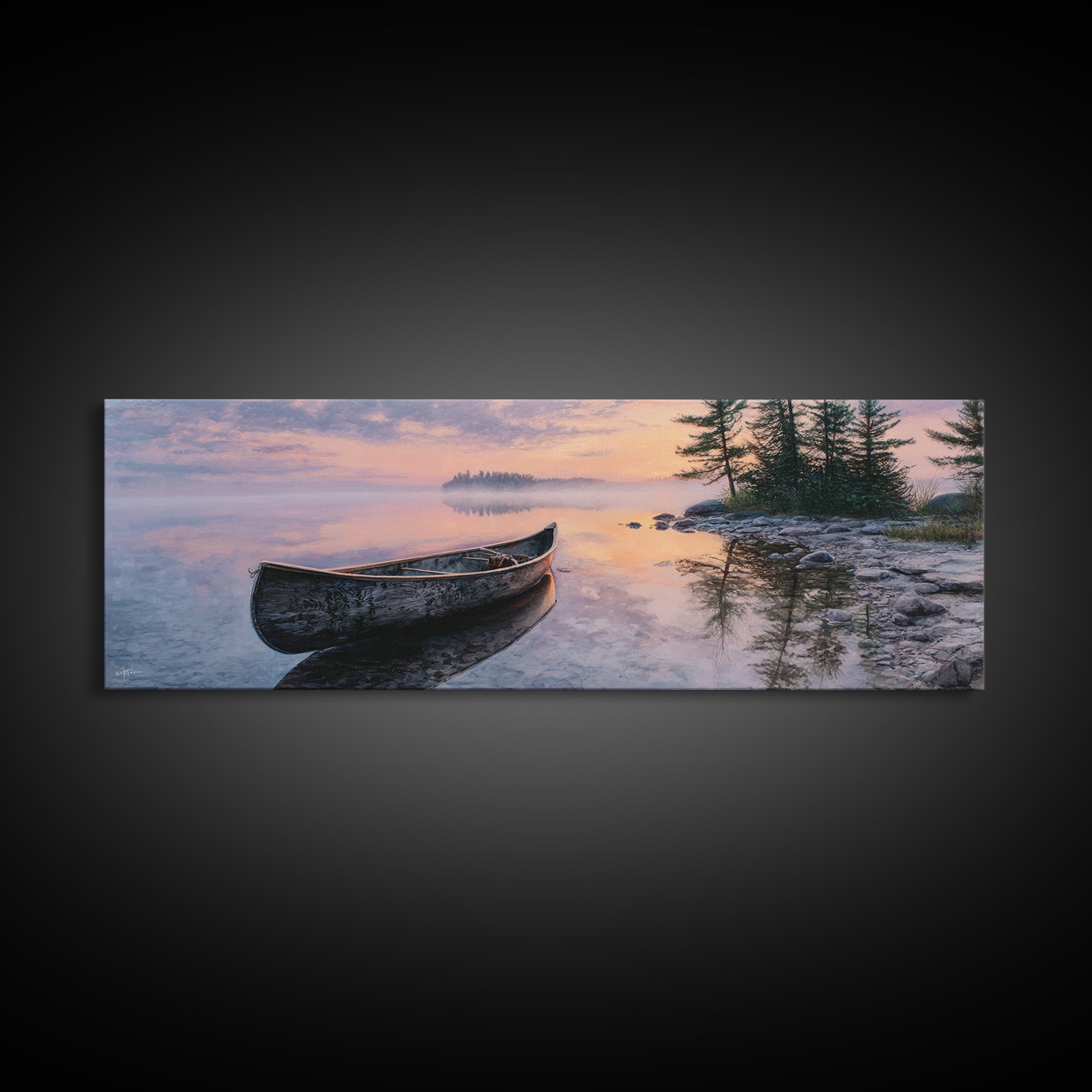 Peaceful Canoe At Sunrise On Misty Lake Landscape Wall Art Framed Canvas Print For Bedroom Or Living Room Decor