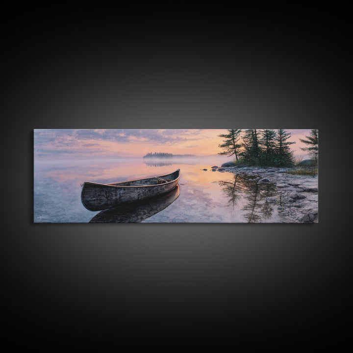 Peaceful Canoe At Sunrise On Misty Lake Landscape Wall Art Framed Canvas Print For Bedroom Or Living Room Decor