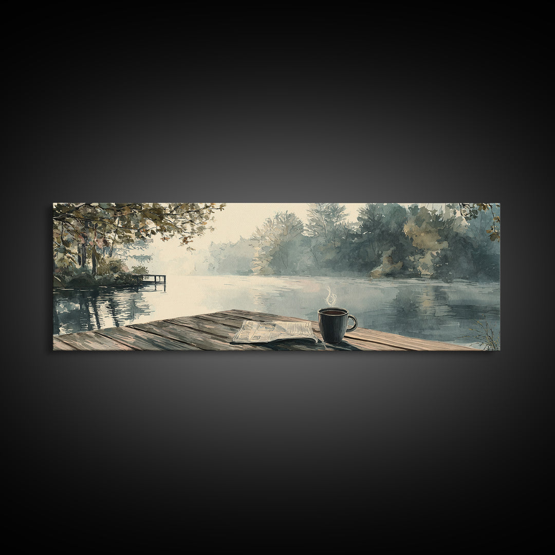 Misty Lakeside Dock Coffee Morning Wall Art, Horizontal Landscape Canvas, Cozy Cabin Decor, Lake House Living Room Print