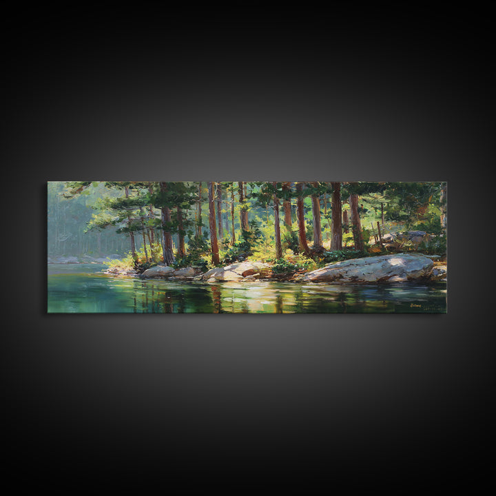 Sunlit Pine Lake Shore Wall Art, Forest Landscape Canvas Print, Nature Wall Decor, Cabin Decor, Large Horizontal Art, Living Room Decor