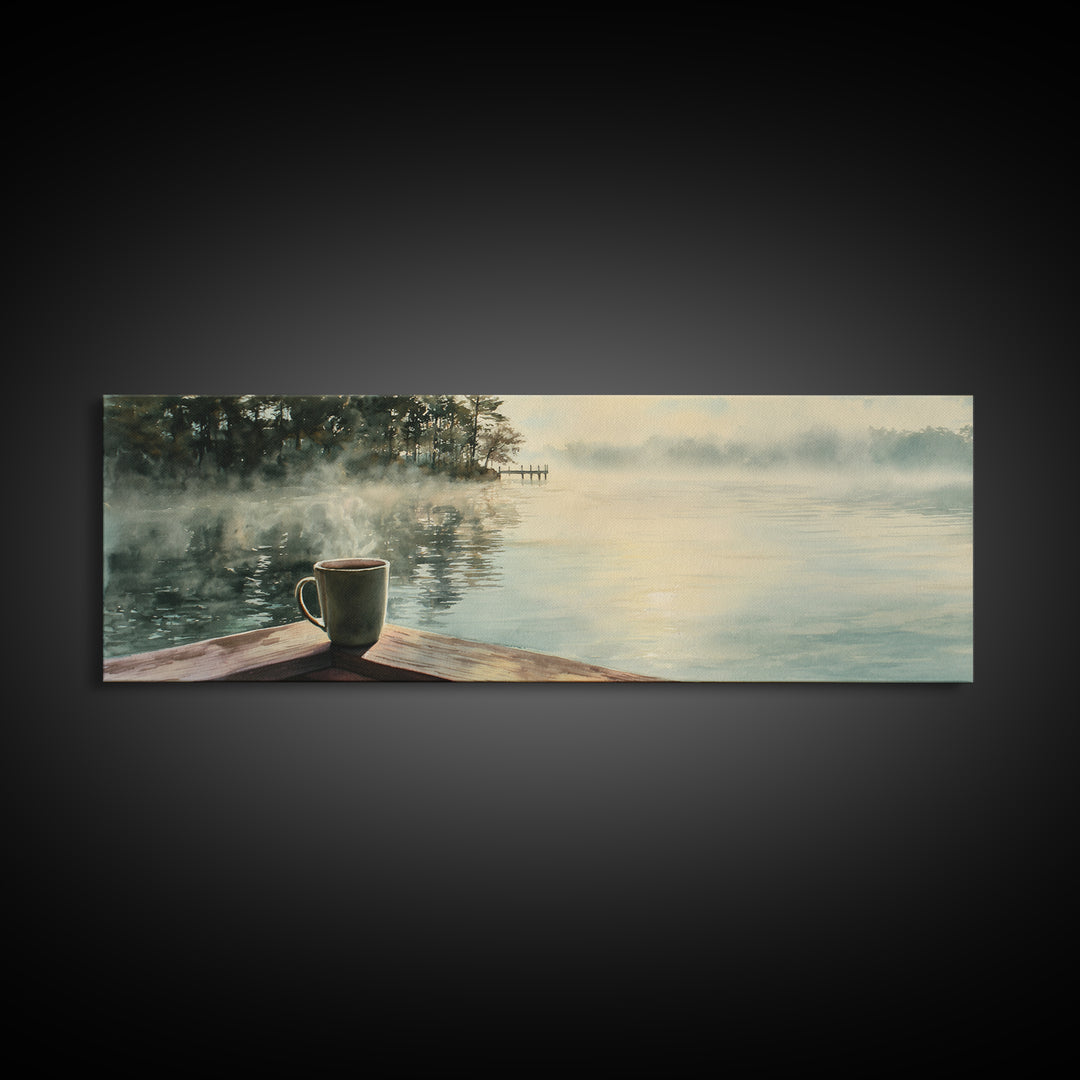 Misty Lake Coffee On Dock Wall Art, Peaceful Morning Landscape Canvas Print, Cozy Kitchen Decor, Calm Nature Wall Decor Art