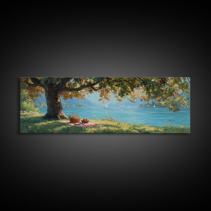 Lakeside Picnic Under Autumn Oak Canvas Print, Coastal Landscape Wall Art, Serene Nature Decor, Living Room Art, Housewarming Gift