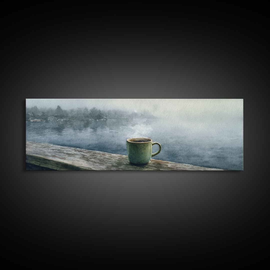 Steaming Coffee Mug On Misty Lake Wall Art, Cozy Cabin Decor, Coffee Bar Print, Rustic Kitchen Art, Serene Morning Landscape