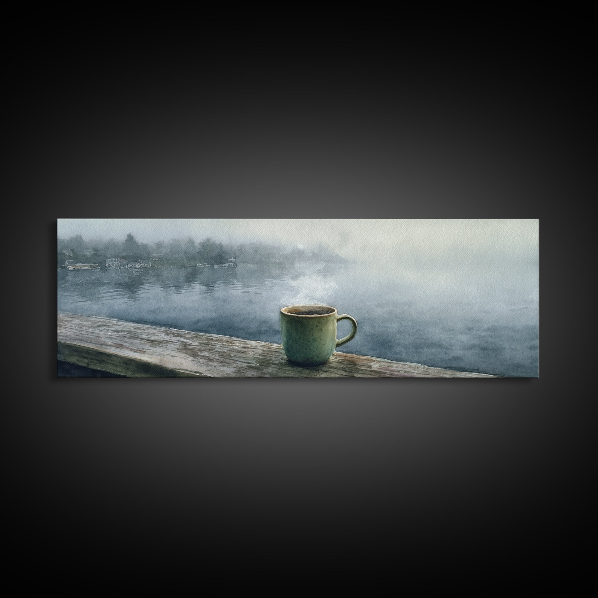 Steaming Coffee Mug On Misty Lake Wall Art, Cozy Cabin Decor, Coffee Bar Print, Rustic Kitchen Art, Serene Morning Landscape