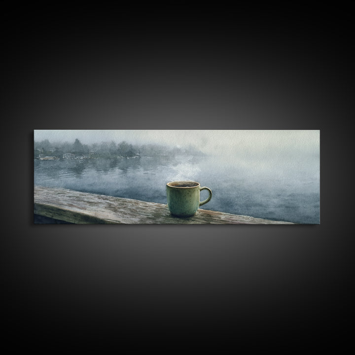 Steaming Coffee Mug On Misty Lake Wall Art, Cozy Cabin Decor, Coffee Bar Print, Rustic Kitchen Art, Serene Morning Landscape