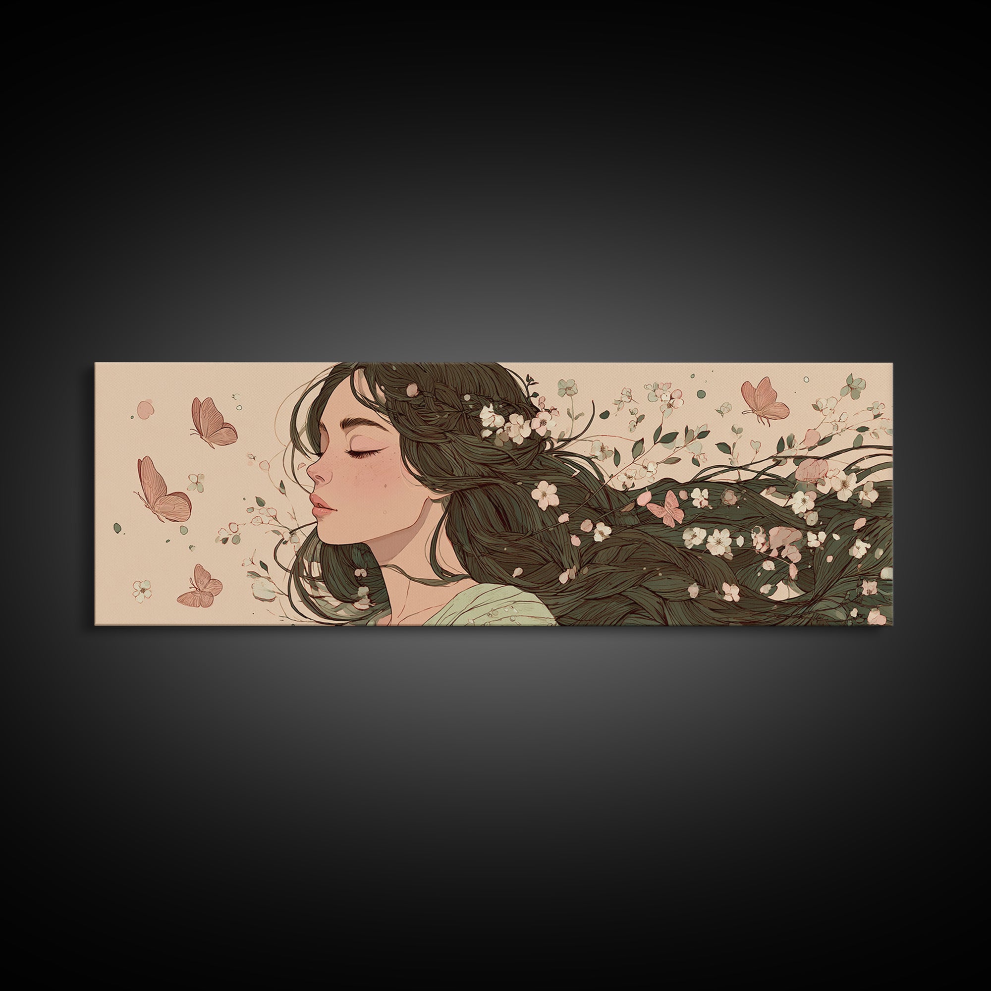 Dreamy Woman With Flowing Hair And Blossoms Canvas Print, Feminine Wall Art, Whimsical Botanical Bedroom Decor Gift For Her