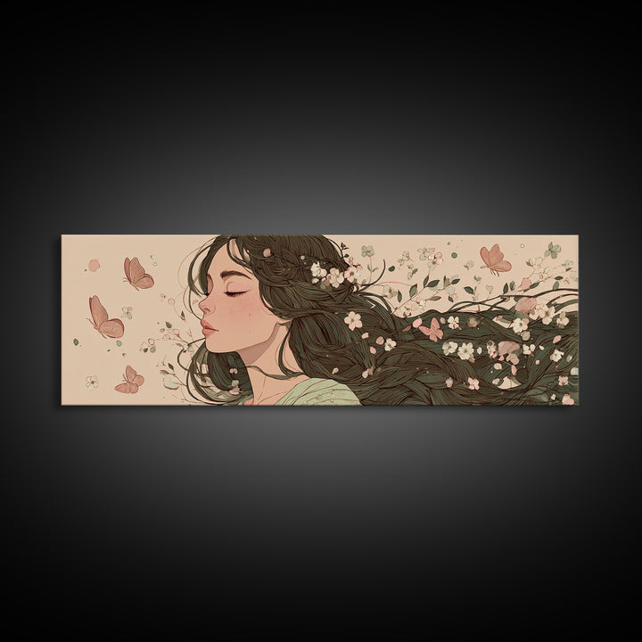 Dreamy Woman With Flowing Hair And Blossoms Canvas Print, Feminine Wall Art, Whimsical Botanical Bedroom Decor Gift For Her