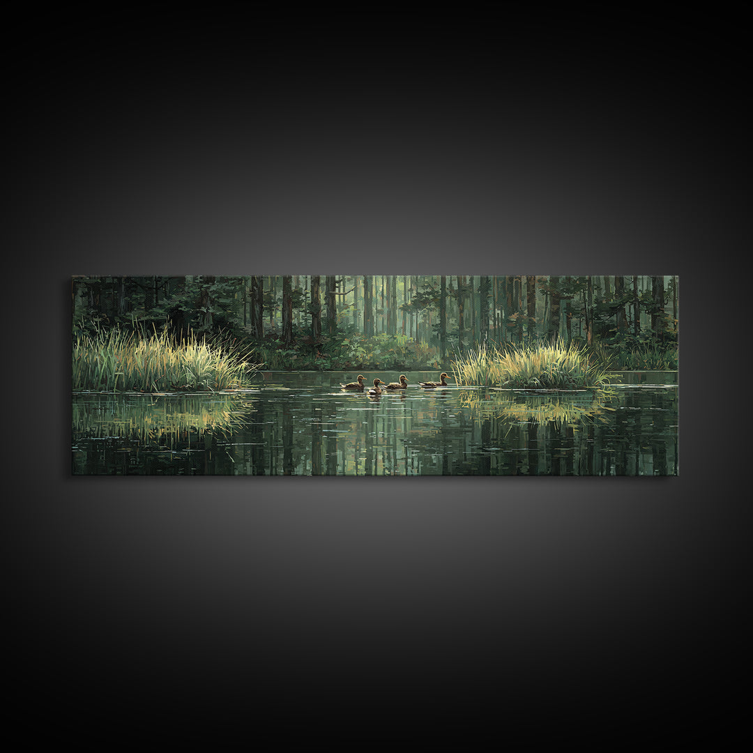 Quiet Forest Pond With Ducks Framed Canvas Print, Nature Wall Art, Rustic Cabin Decor, Green Landscape For Living Room Decor
