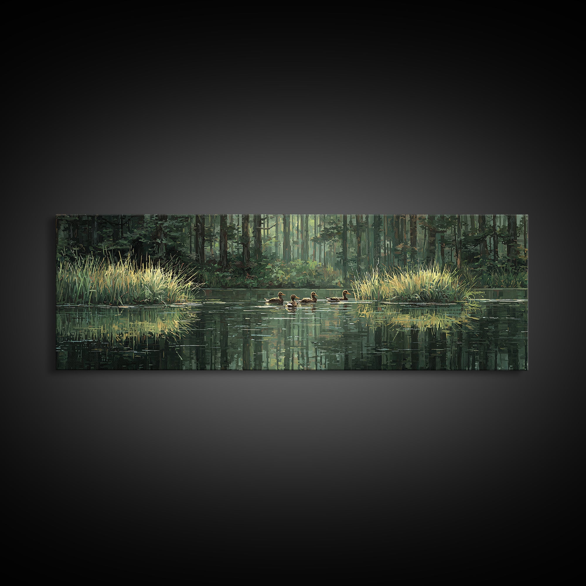 Quiet Forest Pond With Ducks Framed Canvas Print, Nature Wall Art, Rustic Cabin Decor, Green Landscape For Living Room Decor