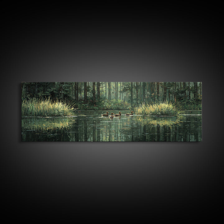 Quiet Forest Pond With Ducks Framed Canvas Print, Nature Wall Art, Rustic Cabin Decor, Green Landscape For Living Room Decor