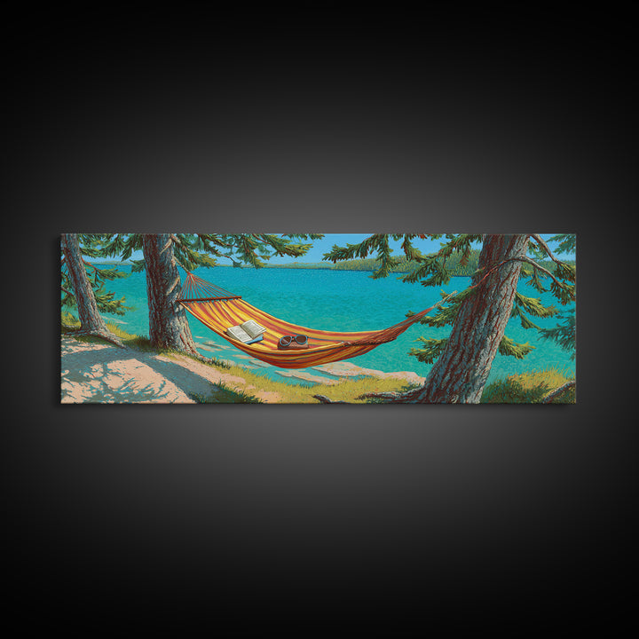 Lakeside Hammock Between Pine Trees Canvas Print, Relaxing Cabin Wall Art, Lake House Decor, Rustic Nature Gift For Living Room Wall Decor