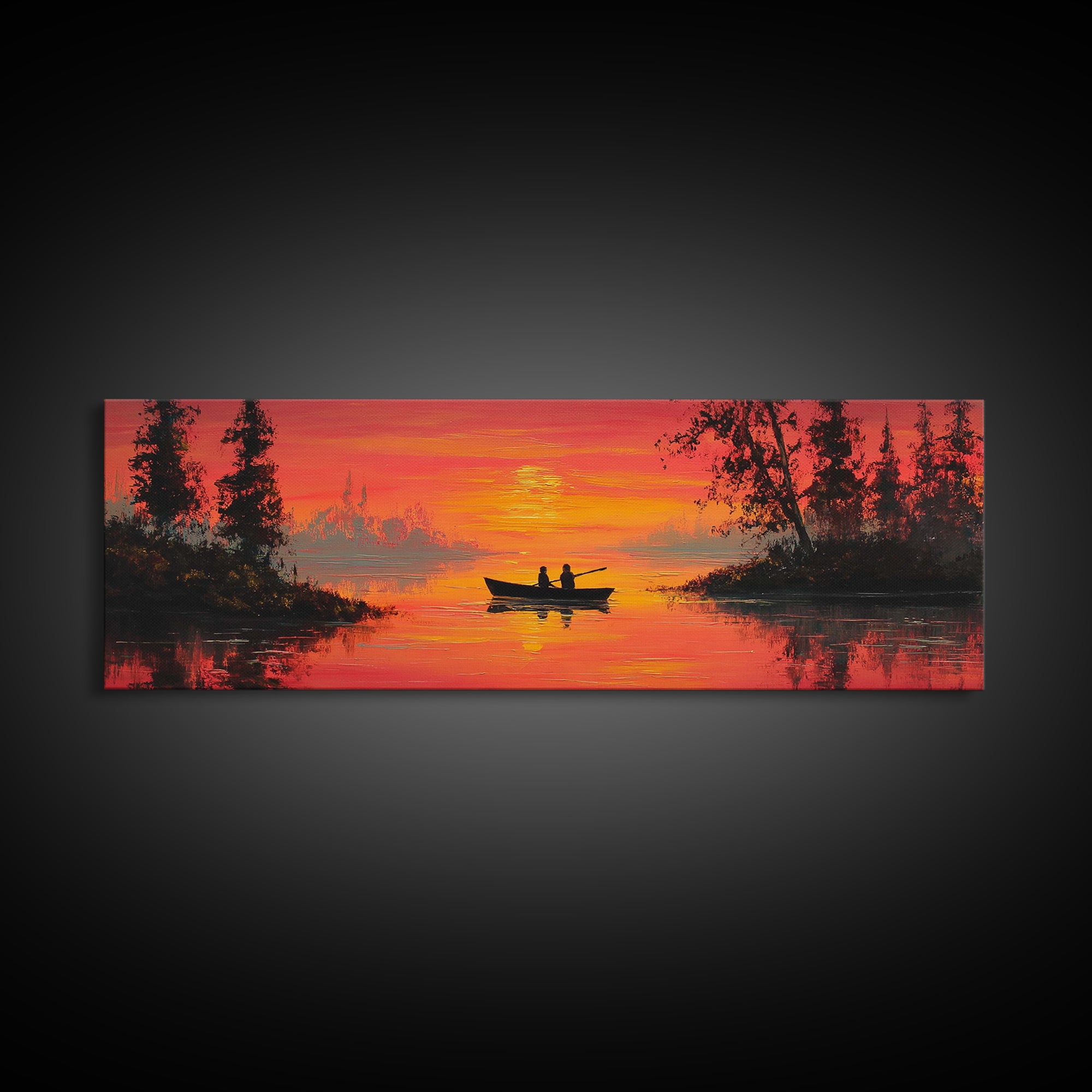 Orange Sunset Canoe Lake Wall Art, Romantic Nature Painting, Cabin Wall Art, Rustic Home Decor, Living Room Landscape Print