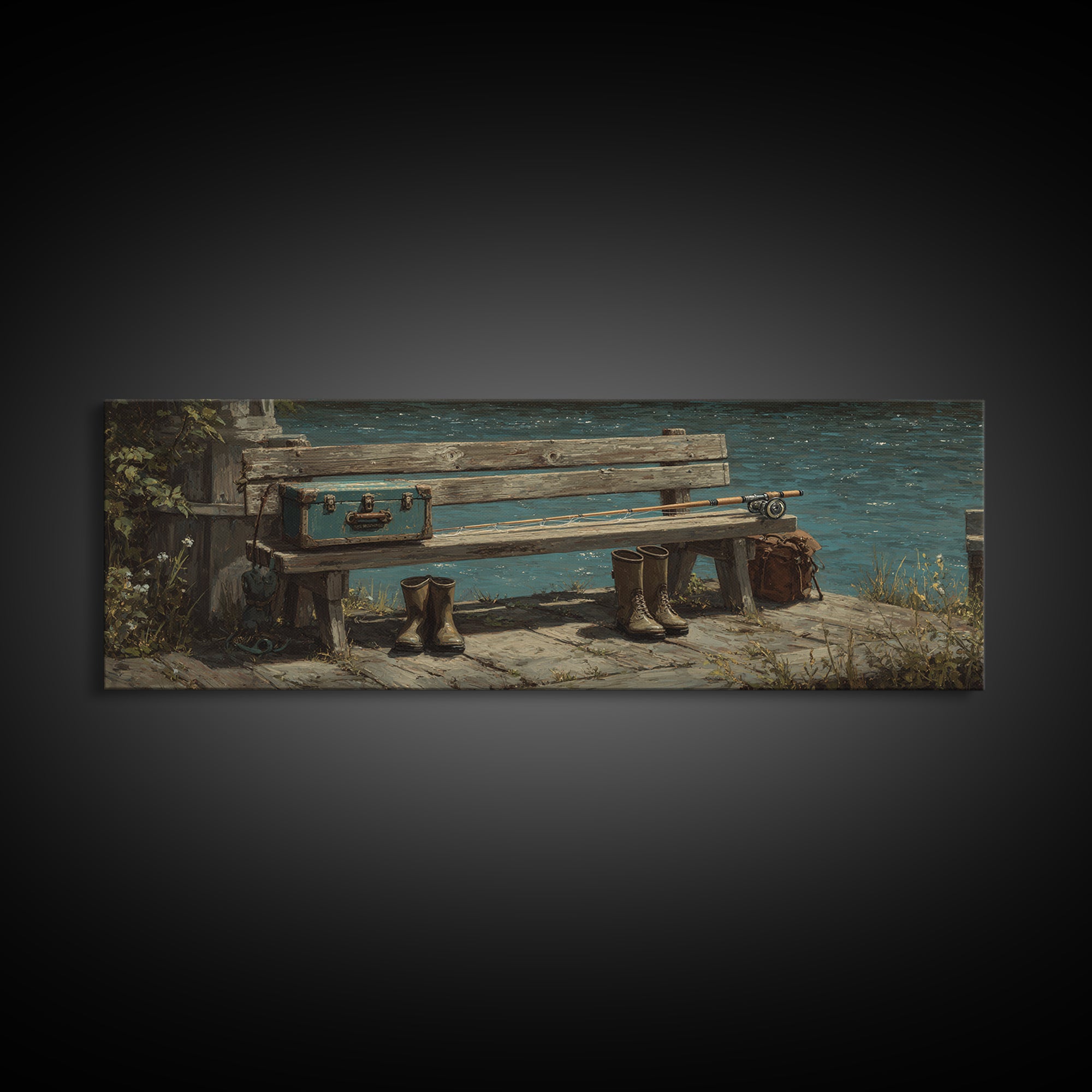 Weathered Lakeside Bench With Boots Canvas Print, Rustic Lake House Wall Art, Fishing Cabin Decor, Moody Landscape Gift For Him
