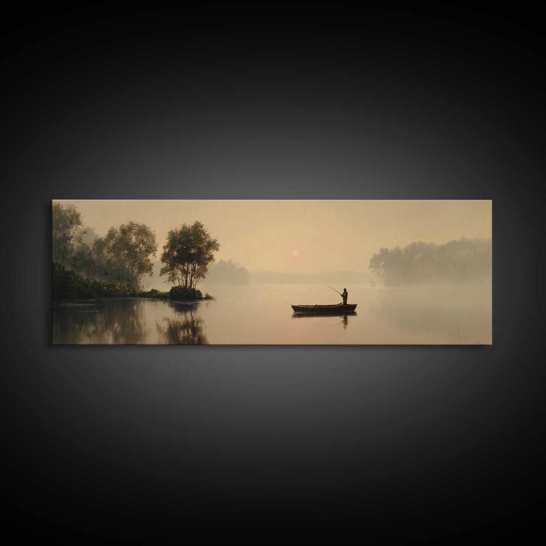Misty Lake Fisherman Boat Wall Art, Serene Landscape Canvas Print, Neutral Nature Decor, Peaceful Living Room Art Housewarming Gift