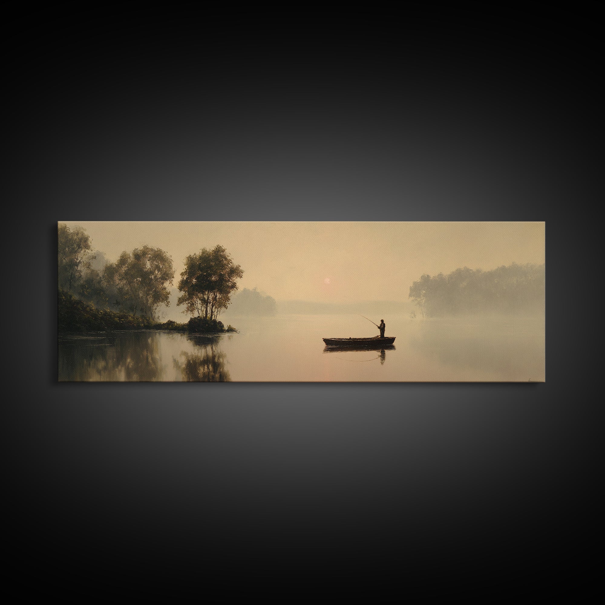 Misty Lake Fisherman Boat Wall Art, Serene Landscape Canvas Print, Neutral Nature Decor, Peaceful Living Room Art Housewarming Gift