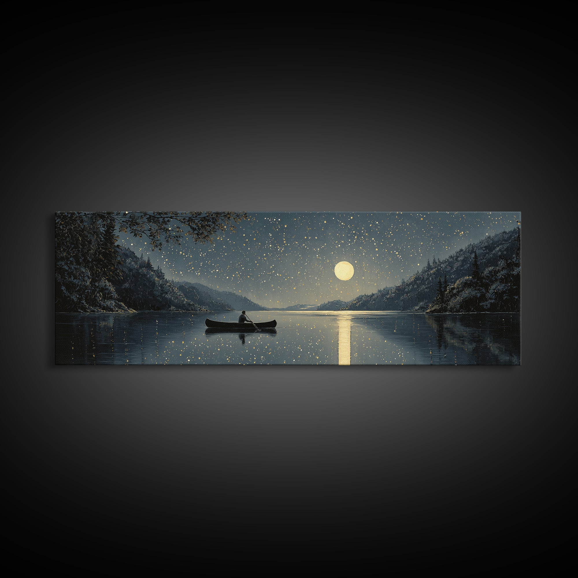 Moonlit Canoe On Snowy Lake Wall Art, Starry Night Landscape Canvas Print, Rustic Cabin Decor For Peaceful Home Living Room Wall Decor
