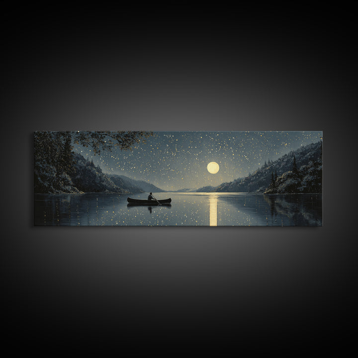 Moonlit Canoe On Snowy Lake Wall Art, Starry Night Landscape Canvas Print, Rustic Cabin Decor For Peaceful Home Living Room Wall Decor