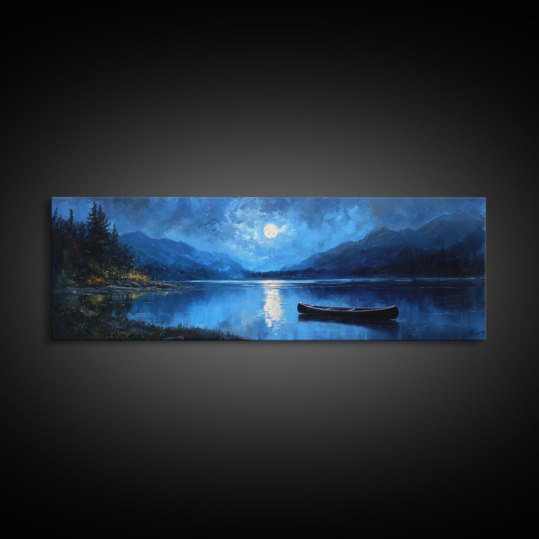 Moonlit Blue Lake Canoe Canvas Print, Moody Landscape Wall Art, Mountain Lake Decor, Cabin Wall Decor, Peaceful Nature Art