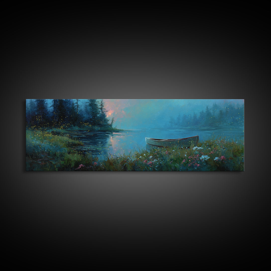 Twilight Canoe Lake Wall Art, Blue Forest Landscape Canvas Print, Wildflower Nature Decor, Cozy Cabin Living Room Gift For Her